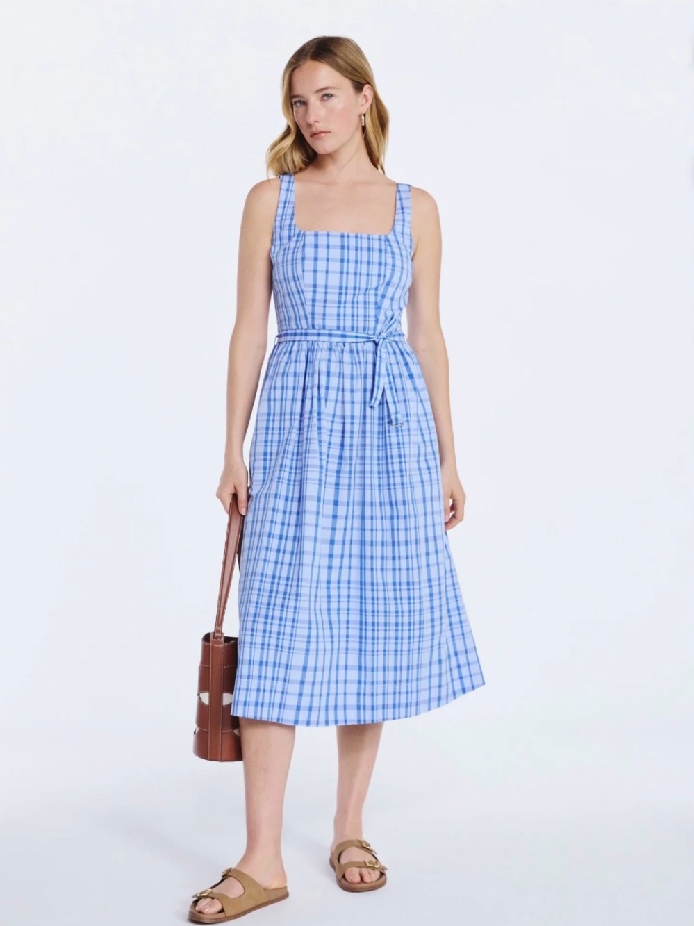 Free Assembly Sleeveless Belted 100% Cotton Blue White Plaid Midi Zip Dress NWT